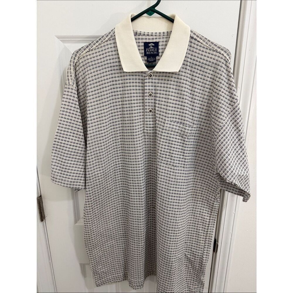 Pebble Beach Men's Gray Grid Polo with Cream Contrast Collar Size Large
